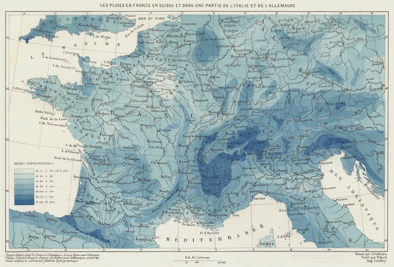 Chuva em França, Suíça e parte da Itália e Alemanha (litografia a cores) de French School
