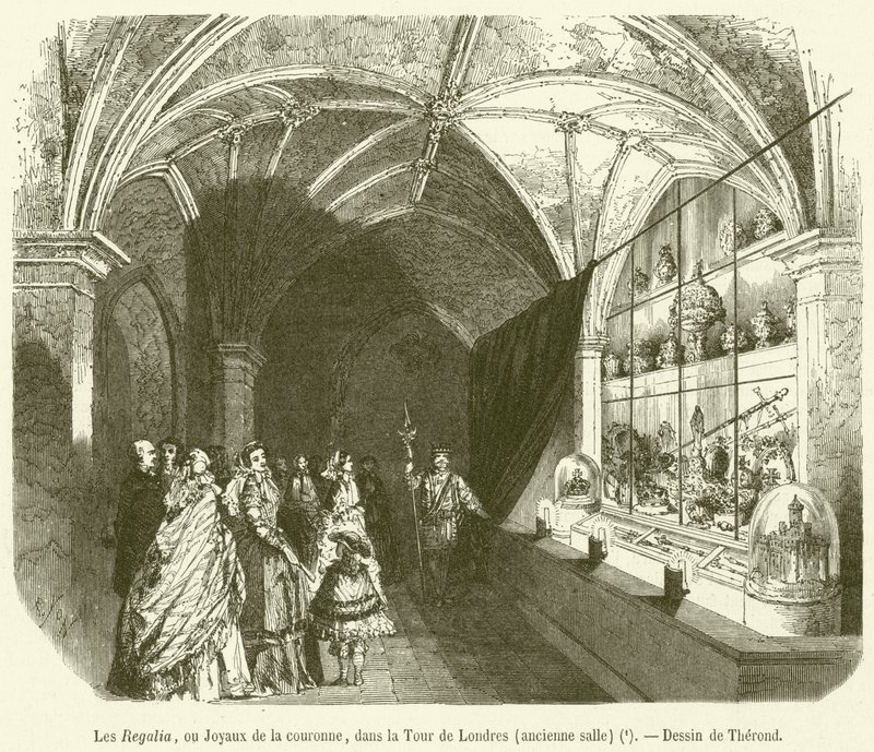 O Regalia, ou Jóias da Coroa, na Torre de Londres, Old Hall (gravura) de French School