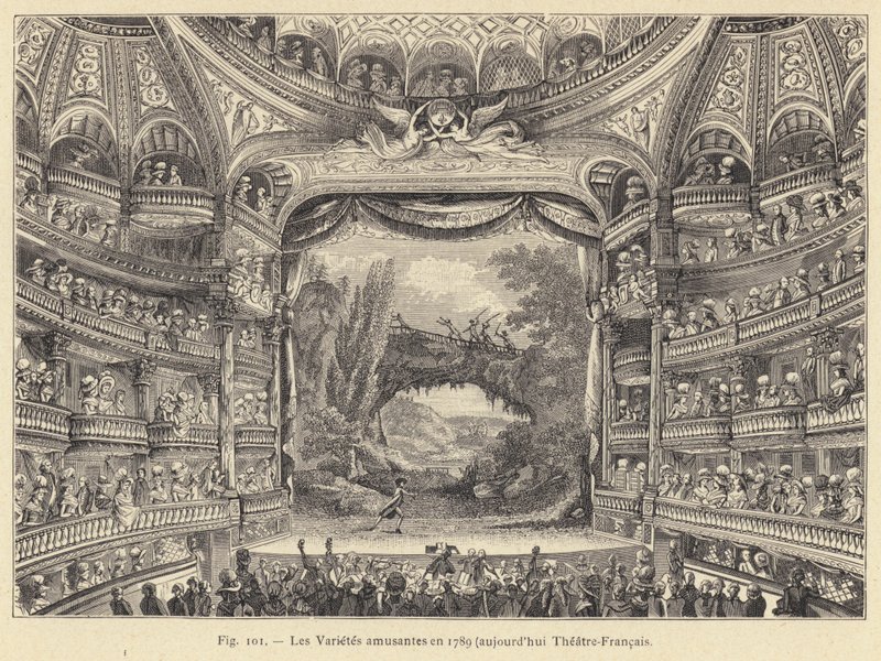 Les Varietes amusantes em 1789, Teatro-Francais de hoje (gravura) de French School