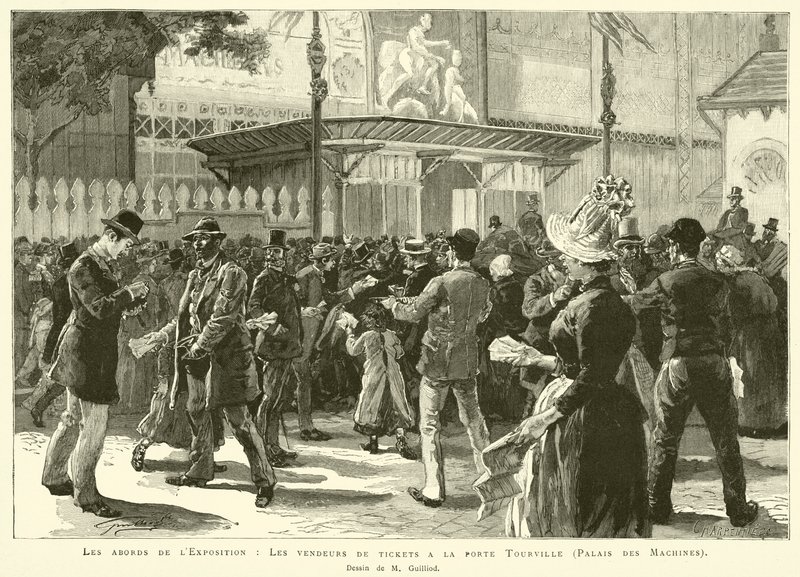 Os arredores da Exposição, Os vendedores de bilhetes no portão de Tourville, Palais des Machines, Desenho de M Guilliod (gravura) de French School