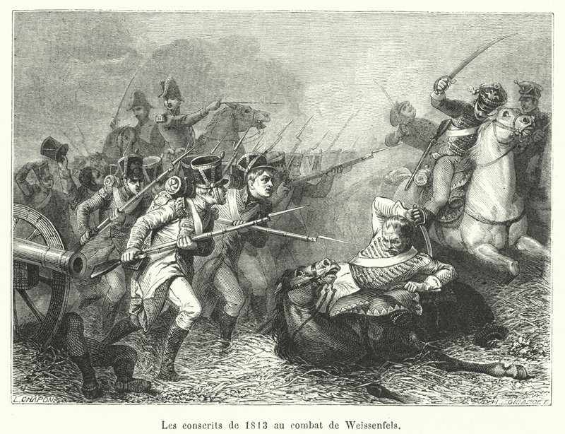 Os conscritos de 1813 na batalha de Weissenfels (gravura) de French School