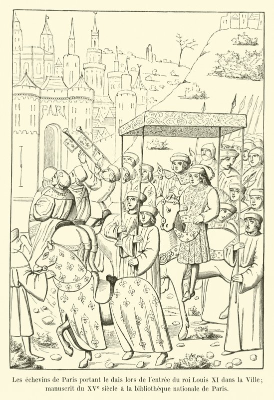 Os cavaleiros de Paris carregando o estrado na entrada do rei Luís XI na cidade; Manuscrito do século 15 na Bibliothèque Nationale de Paris de French School