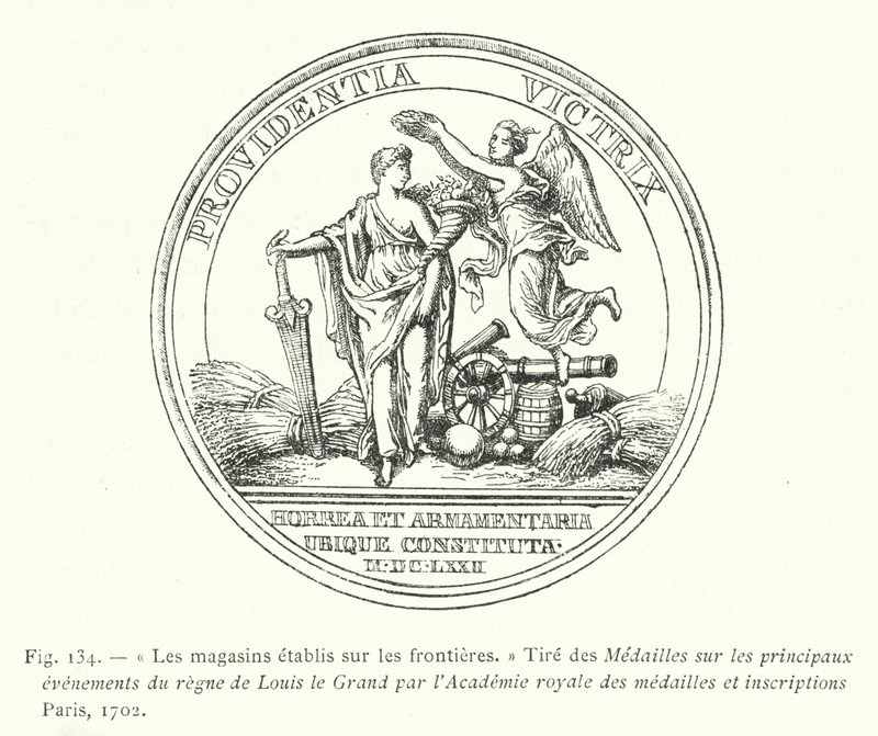 As lojas estabelecidas nas fronteiras, Desenho das Medalhas sobre os principais acontecimentos do reinado de Luís o Grande pela Academia Real das Medalhas e inscrições Paris de French School