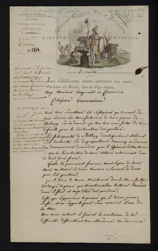 Carta da Agence Generale des Armes, Poudres et Mines, Bruxelas, após a anexação da França ao sul dos Países Baixos de French School