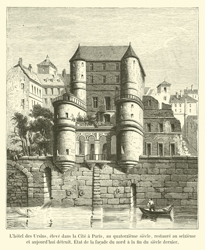 Hotel Ursins, erguido na Cité em Paris, no século XIV, restaurado no século XVI e hoje destruído, fachada estadual do norte no final do século passado de French School