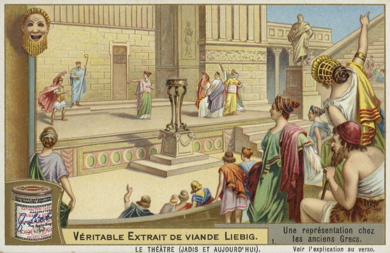 Cartão Liebig com uma representação do antigo teatro grego de French School