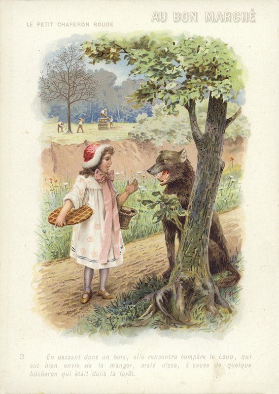 Chapeuzinho Vermelho conversando com o lobo de French School