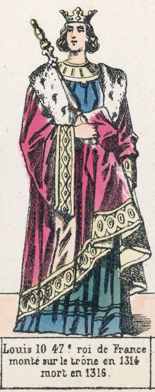 Luís 10, 47º rei de França, ascendeu ao trono em 1314, morreu em 1316 (gravura colorida) de French School