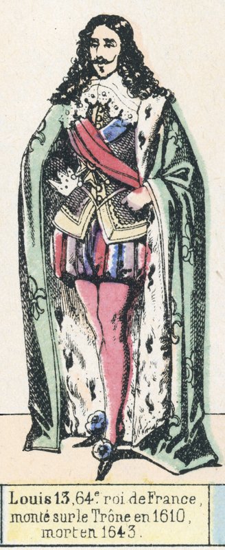 Luís 13, 64º rei de França, ascendeu ao trono em 1610, morreu em 1643 (gravura colorida) de French School