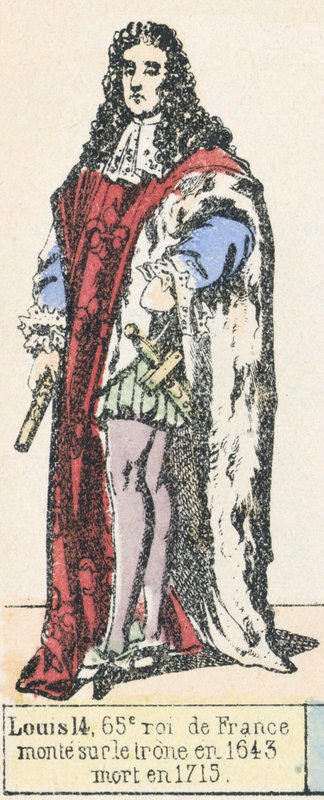 Luís 14, 65º rei da França, ascendeu ao trono em 1643, morreu em 1715 (gravura colorida) de French School