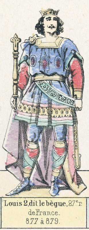 Luís 2, conhecido como le begue, 27º rei de França, 877 a 879 (gravura colorida) de French School