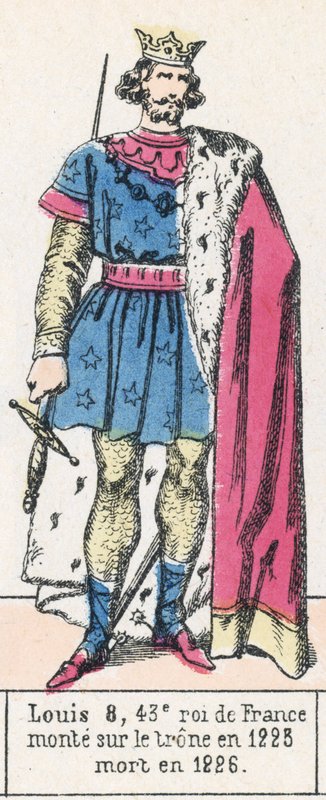 Luís 8, 43º rei de França, subiu ao trono em 1223, morreu em 1226 (gravura colorida) de French School