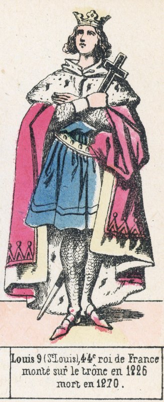 Luís 9 (São Luís), 44º rei da França, ascendeu ao trono em 1226, morreu em 1270 (gravura colorida) de French School