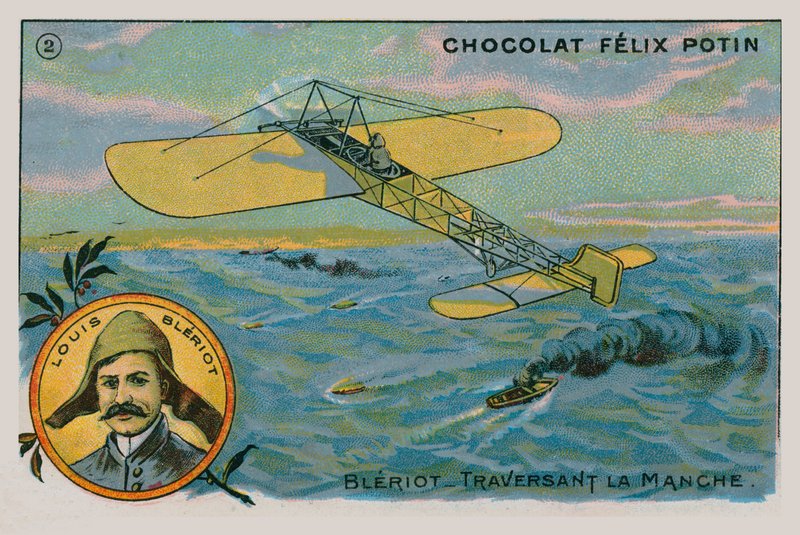 Louis Bleriot fazendo o primeiro voo através do Canal Inglês em um avião mais pesado que o ar, 1909 de French School