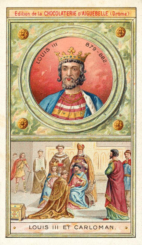 Luís III e seu irmão mais novo Carloman II, reis conjuntos da França, século IX (chromolitho) de French School