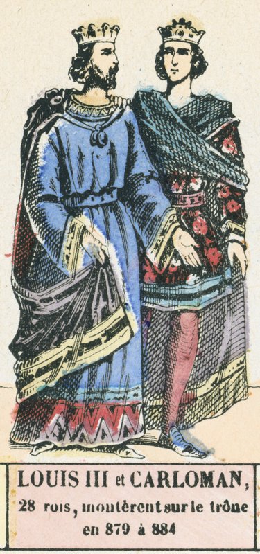 Luís III e Carloman, 28 reis, ascenderam ao trono em 879 a 884 (gravura colorida) de French School