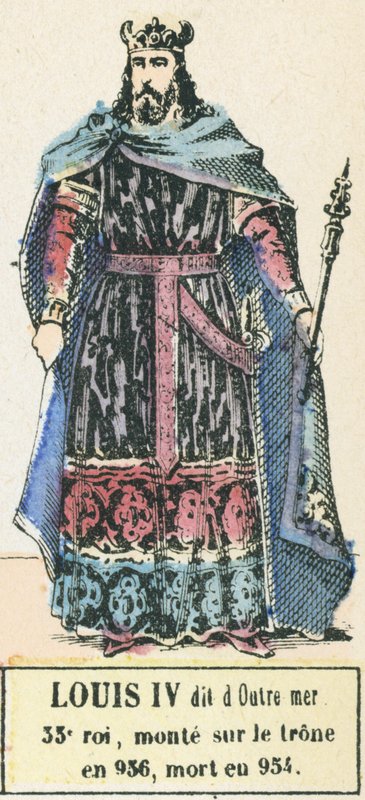 Luís IV, também conhecido como o rei do outro lado do mar, 33º rei, subiu ao trono em 936, morreu em 954 (gravura colorida) de French School
