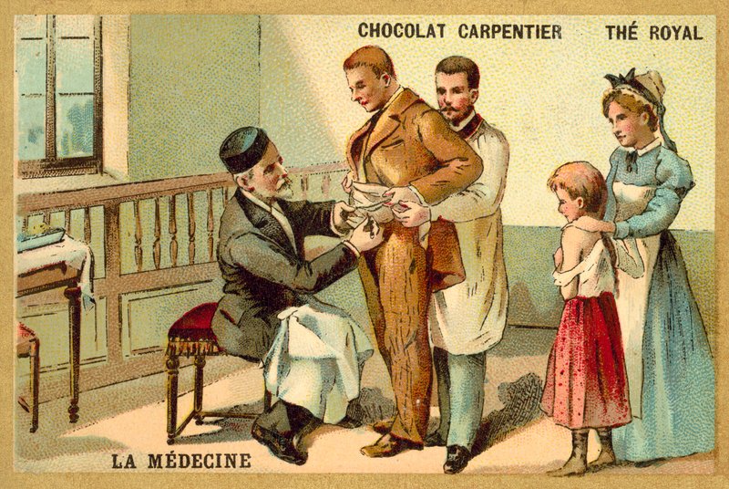 Louis Pasteur inoculando um paciente contra a Raiva no Instituto Pasteur (chromolitho) de French School