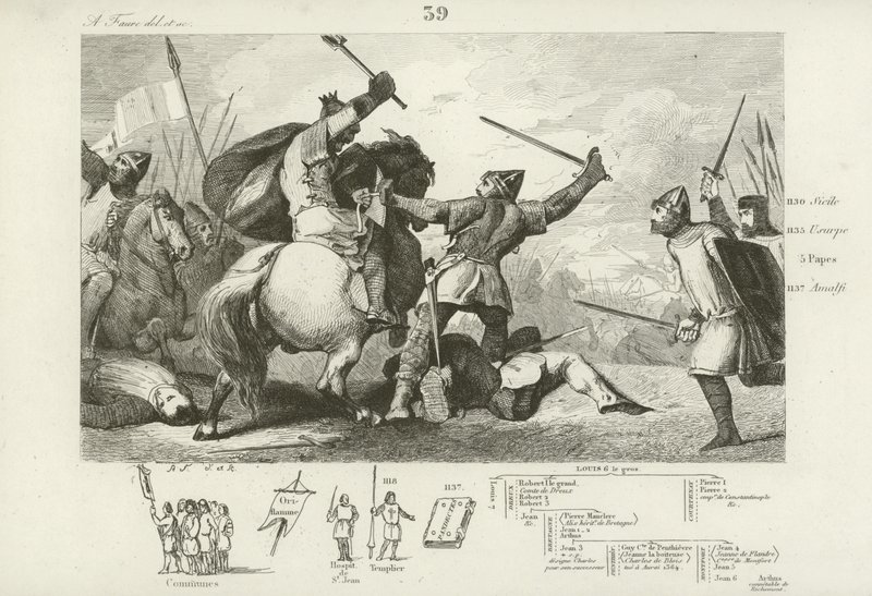 Luís VI da França lutando contra os ingleses na Batalha de Brenneville, 1119. de French School