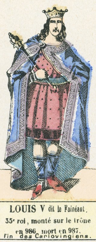 Luís V o Fainant, 35º rei, ascendeu ao trono em 986, morreu em 987, Fim dos Carlovingianos (gravura colorida) de French School