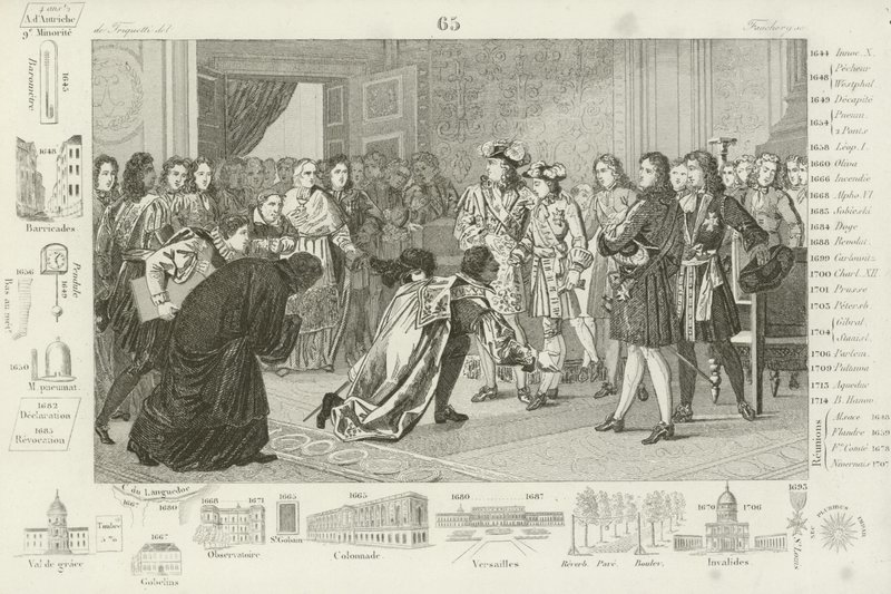 Luís XIV apresentando seu neto, Filipe V, aos enviados espanhóis, como seu novo rei, 1700 de French School