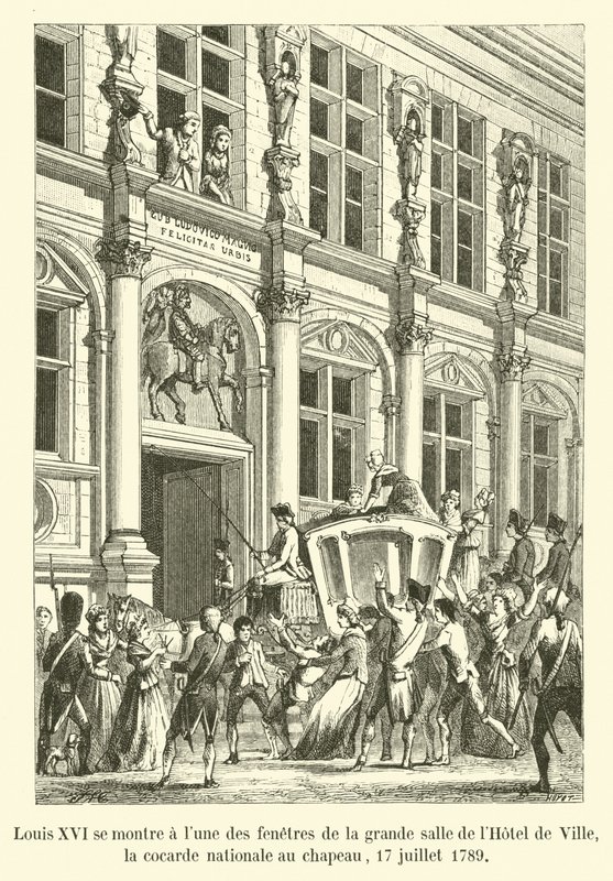 Luís XVI se mostra em uma das janelas do grande salão do Hotel de Ville, o cocar nacional do chapéu, 17 de julho de 1789 de French School