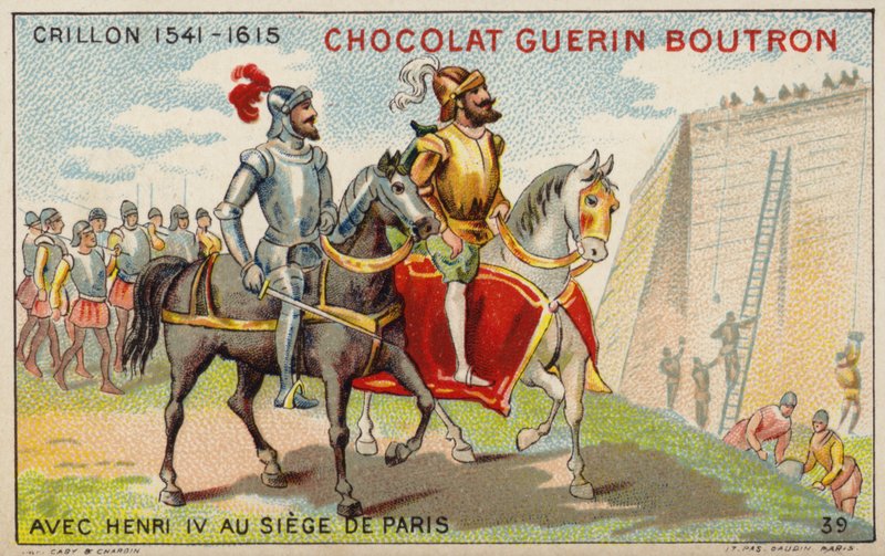 Louis des Balbes de Berton de Crillon, soldado francês, com o rei Henrique IV no Cerco de Paris (chromolitho) de French School