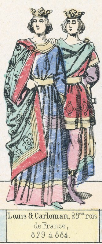 Louis e Carloman, 28º reis da França, 879 a 884 (gravura a cores) de French School