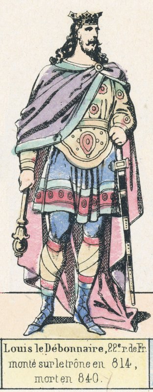 Luís o Debonair, 22º rei de França, subiu ao trono em 814, morreu em 840 (gravura colorida) de French School