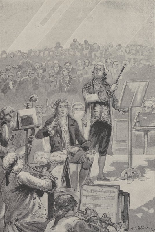 Ludwig van Beethoven dirigindo uma orquestra apesar da sua surdez (gravura) de French School