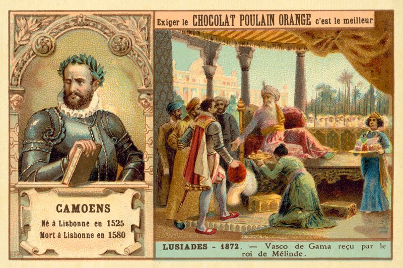 Luís de Camões, poeta português, e uma cena do seu poema Os Lusíadas, representando Vasco da Gama a ser recebido pelo rei de Malindi (cromolitografia) de French School