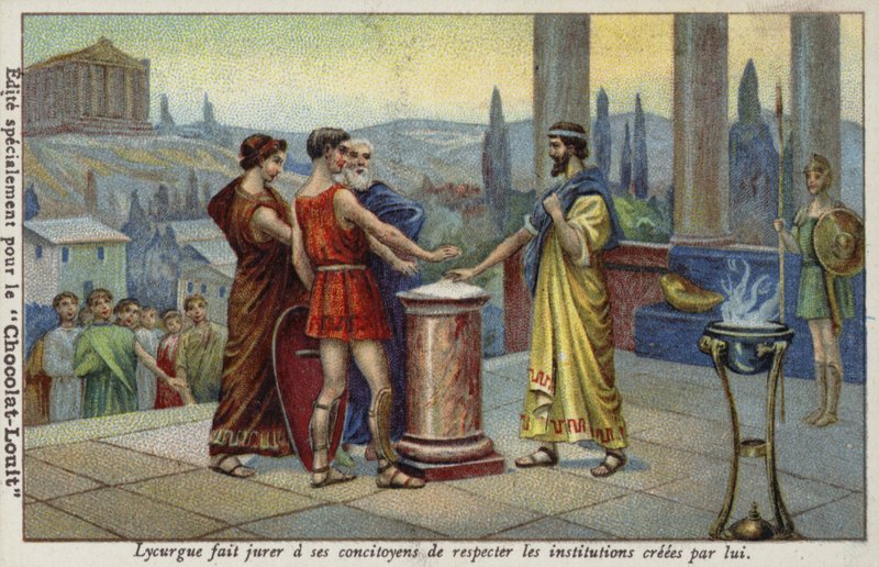 Licurgo de Esparta fazendo seus concidadãos juram respeitar as instituições estabelecidas por ele de French School