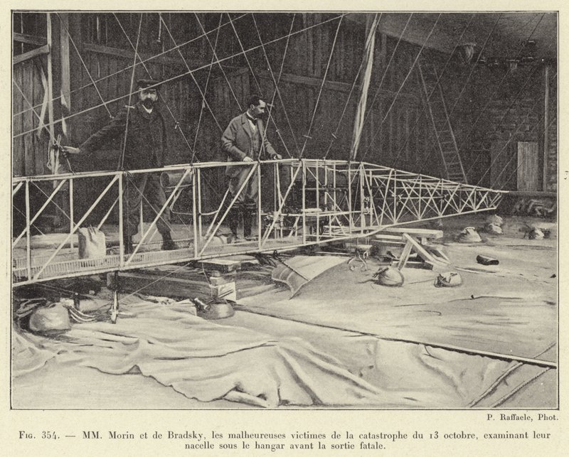 Sr. Morin e Sr. de Bradsky, as infelizes vítimas do desastre de 13 de outubro, examinando sua cesta sob o hangar antes da saída fatal (gravura) de French School