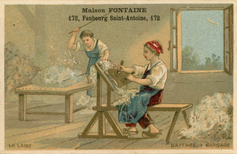 Maison Fontaine trade card, debulha e cardagem de French School