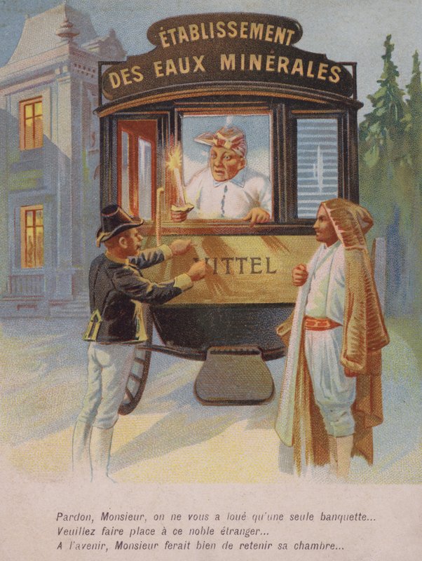 Homem sendo convidado a dividir seu quarto com um estranho (chromolitho) de French School