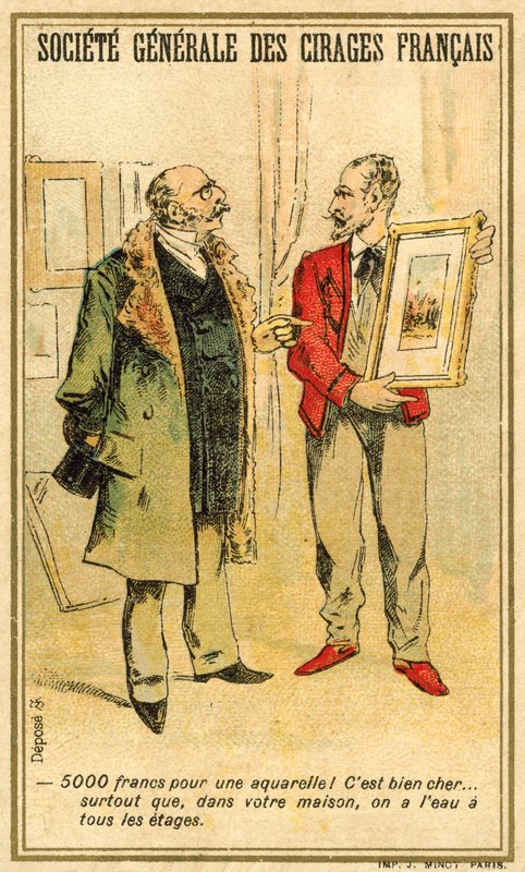 Homem a regatear o preço de uma aguarela com um artista (chromolitho) de French School