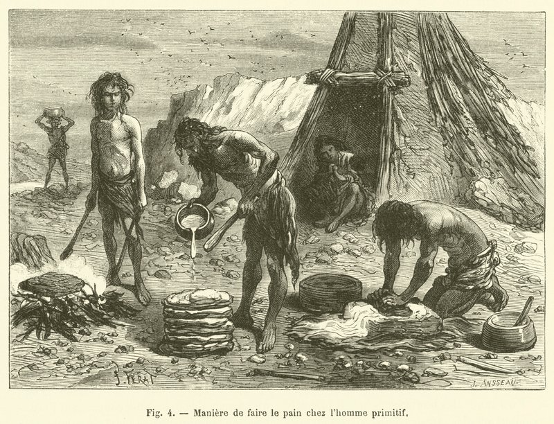 Como fazer pão no homem primitivo (gravura) de French School