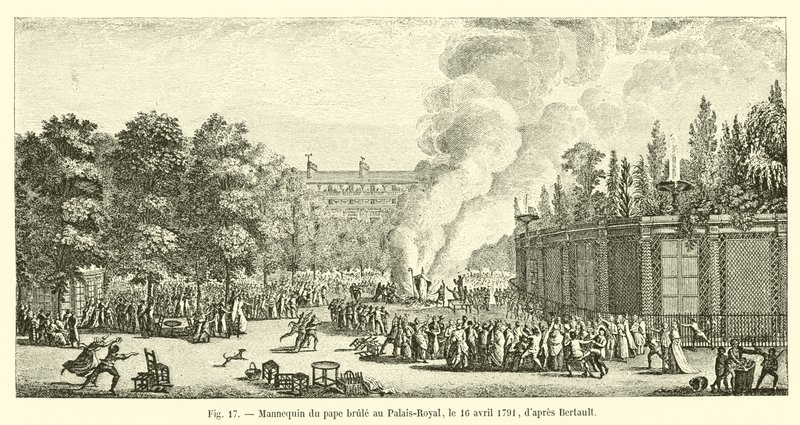 O manequim de Pope queima no Palais Royal em 16 de abril de 1791, dapres Bertault de French School