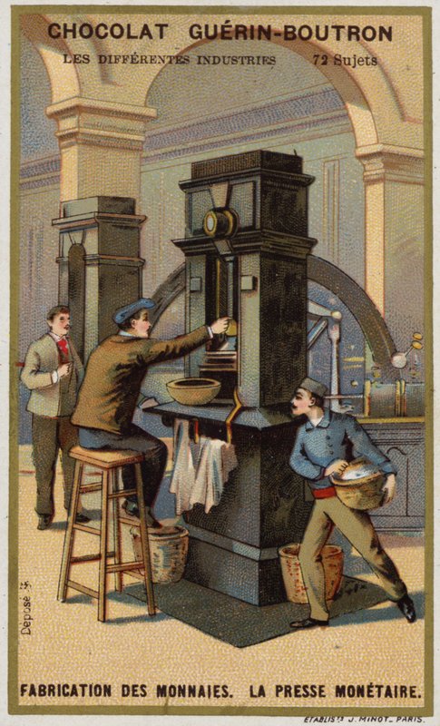 Fabricação de moedas. Prensa de moedas (chromolitho) de French School