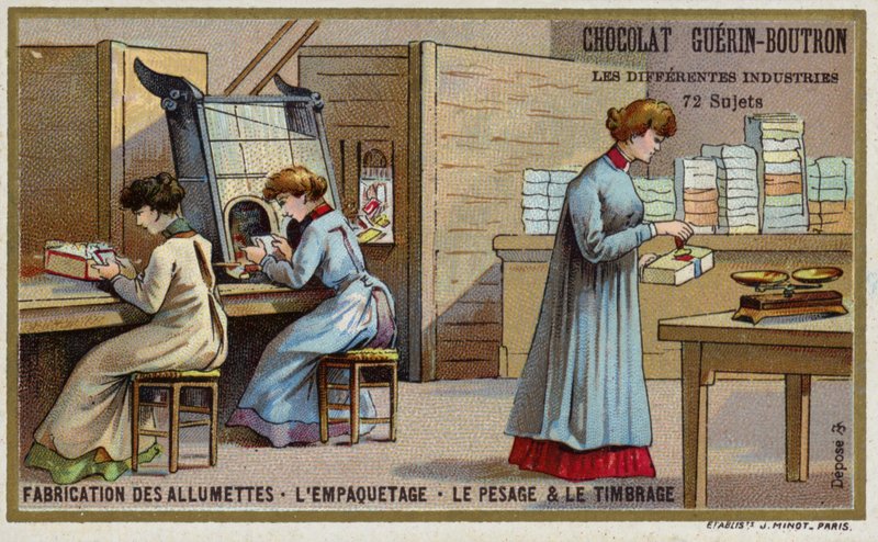 Fabrico de fósforos. Embalagem, pesagem e estampagem (chromolitho) de French School