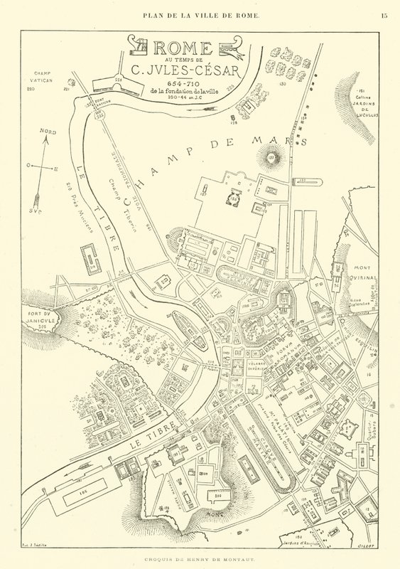 Mapa da cidade de Roma na época de Júlio César (gravura) de French School