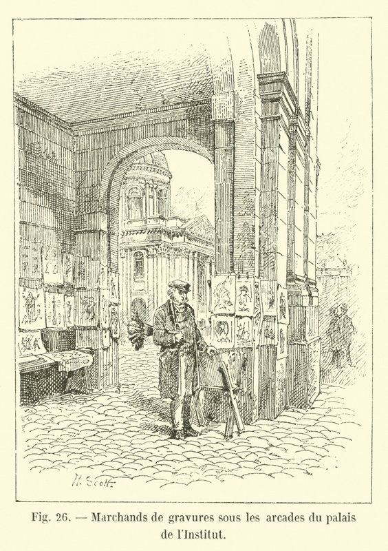 Escultores de gravuras sob os arcos do palácio do Instituto de French School