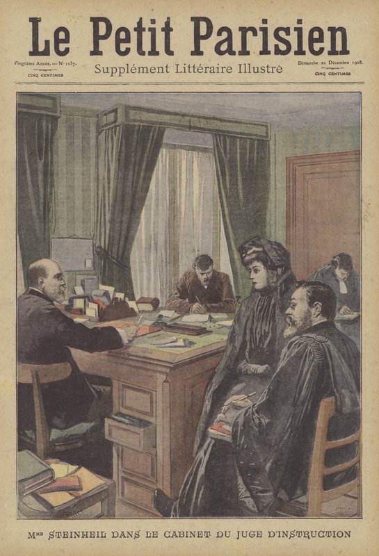 Marguerite Steinheil no gabinete do juiz (cor litho) de French School