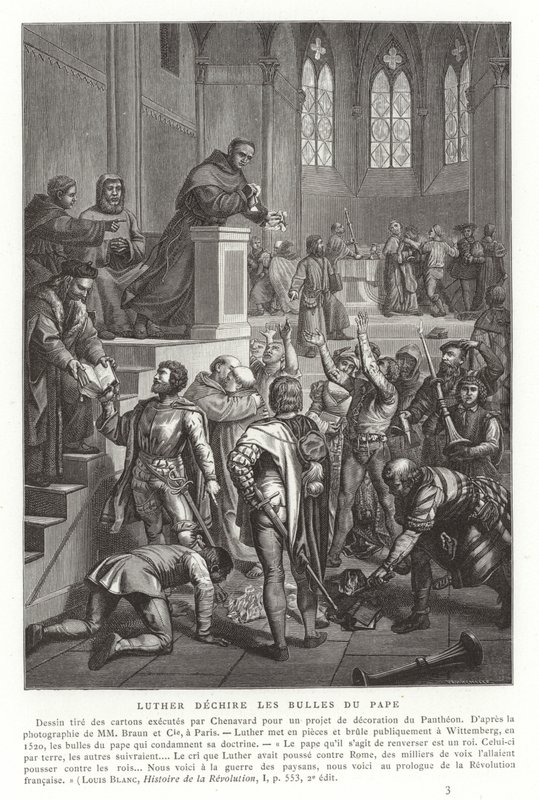 Martin Luther rasgando bulas papais, Wittenberg, Alemanha, 1520 de French School
