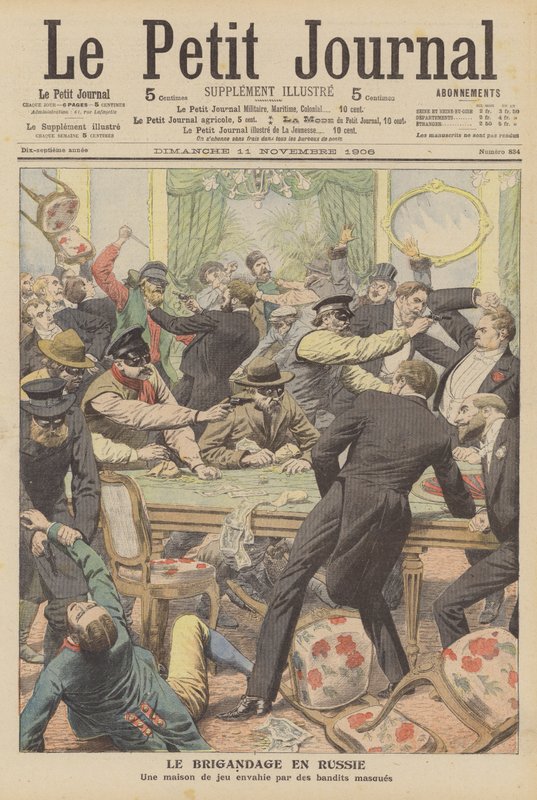 Ladrões mascarados assaltando um estabelecimento de jogos na Rússia (cor litho) de French School
