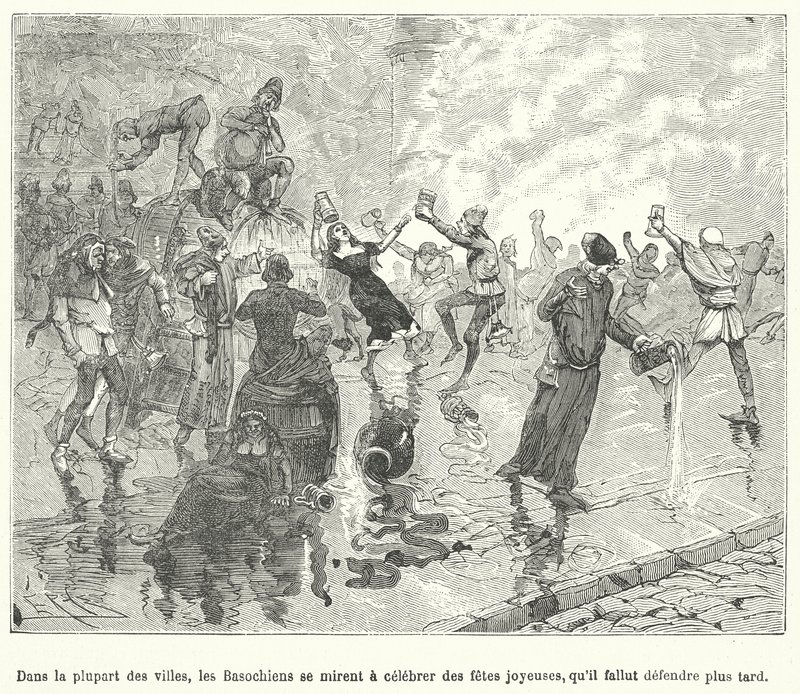 Membros do Basaoche, uma guilda de escrivães da lei, celebrando uma festa nas ruas de uma cidade francesa medieval (gravura) de French School