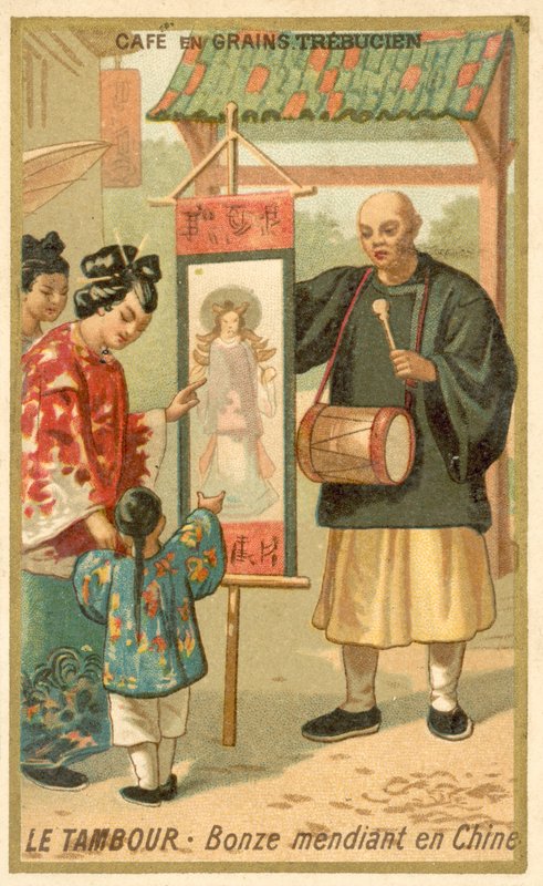 Monge mendicante com tambor, China (chromolitho) de French School