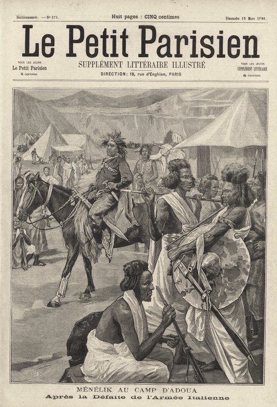 Menelik II, Imperador da Etiópia, no campo de Adwa após a derrota do exército italiano, Primeira Guerra Ítalo-Etiópia de French School