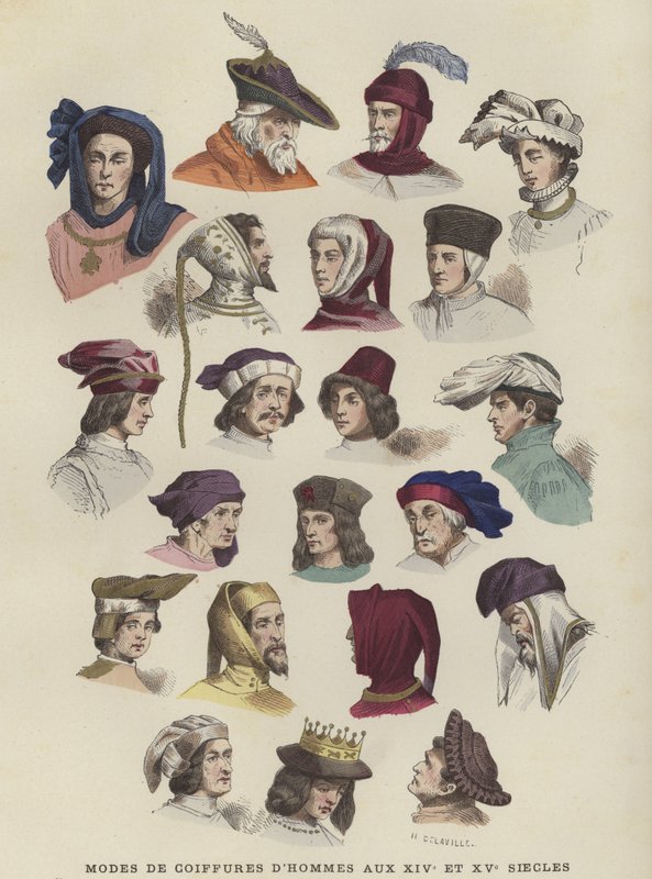Chapéus e toucas masculinos, séculos XIV e XV de French School