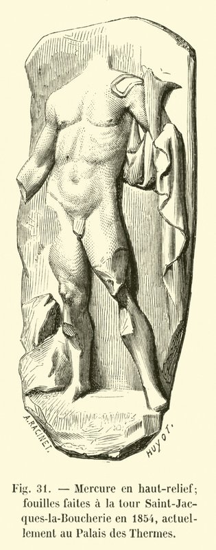 Mercúrio em alto relevo; escavações feitas na torre de Saint-Jacques-la-Boucherie em 1854, atualmente no Palais des Thermes de French School